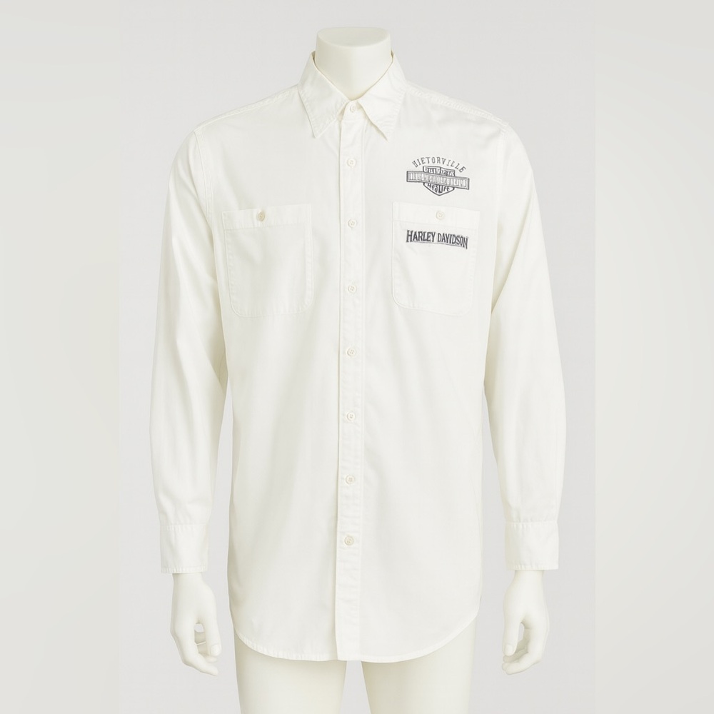 Harley-Davidson White Cotton Button-Up Long Sleeve Collar Shirt - Small